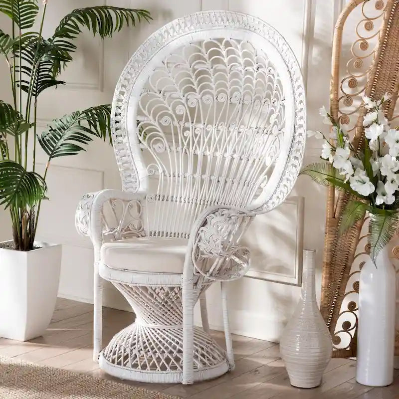 Modern Bohemian White Natural Rattan Peacock Chair