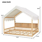 Whisen Full Size Wooden Floor Bed Frame, House-Shaped Daybed with Fense, 3 Storage Bookshelves, Curtain