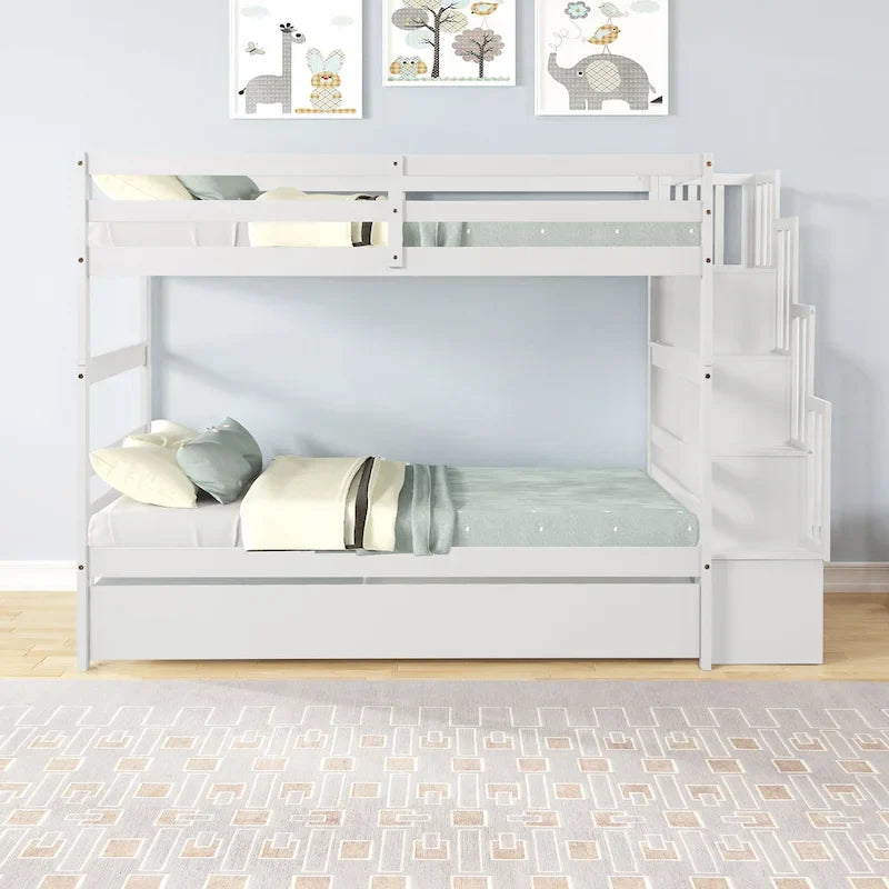 Twin over Twin Bunk Beds With Twin Trundle and Stairway Storage Function in Grey Color