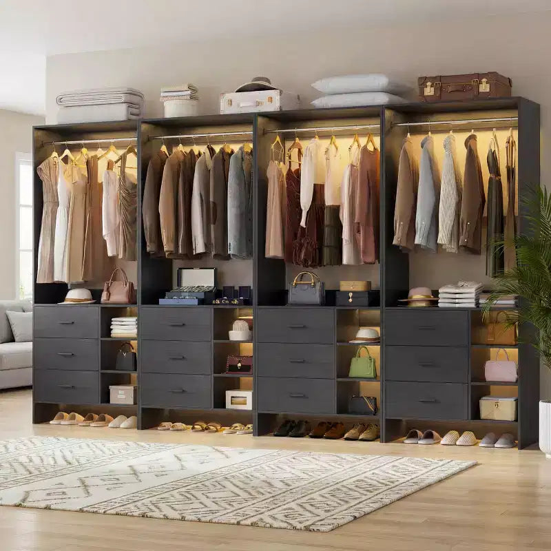 Besiost Set of 4 Closet Organizer with Wooden Drawers and Hanging Rods