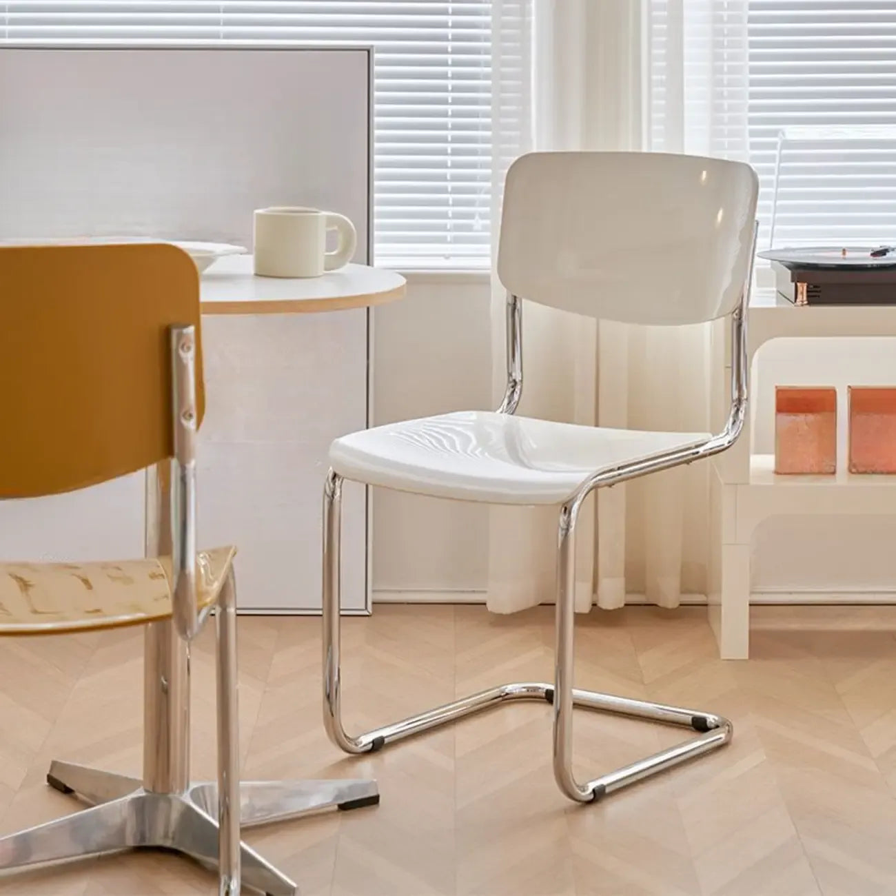 Simple Metal Armless Dining Chair in Yellow Solid Back