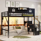 ModernLuxe Full/Queen Loft Bed with Stairs & Built-in Wardrobe, Metal Bed Frame with LED Lights, USB Charging Station & Storage Shelves