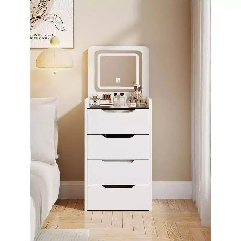 Okak 3-In-1 Vanity Table with Plip Top Mirror, Compact Vanity with Visible Glass Desktop and Cushioned Tool, Vanity Desk for Bedroom