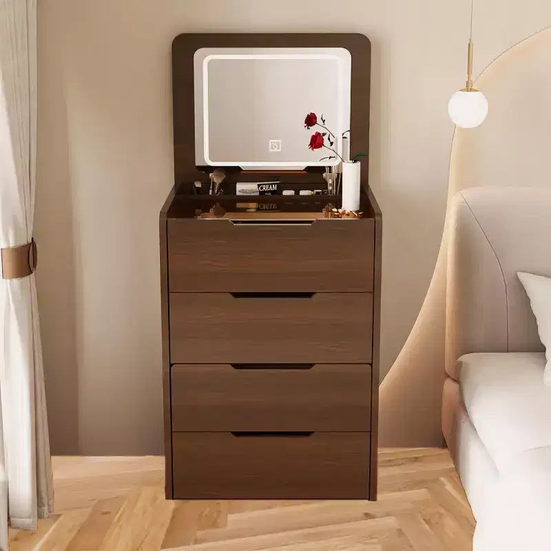 Okak 3-In-1 Vanity Table with Plip Top Mirror, Compact Vanity with Visible Glass Desktop and Cushioned Tool, Vanity Desk for Bedroom