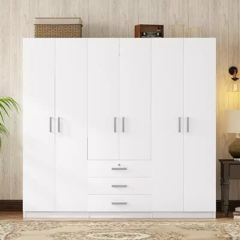 6-Door Wooden Wardrobe with Drawers for Bedroom