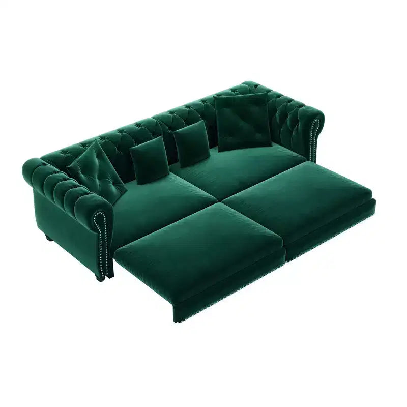 Whisen Velvet 3-in-1 King Size Pull-Out Sofa Bed & Convertible Sleeper Sofa with Movable Ottoman, Tufted Design