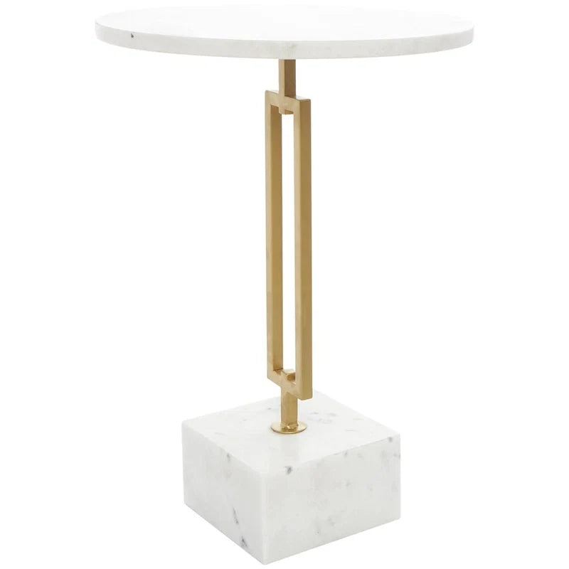 Marble Geometric Side End Accent Table with Gold Metal Rectangular Stand - White