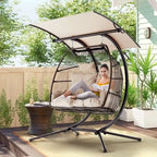 Outdoor Swing Loveseat with Stand, Foldable Hanging Chair, Hammock Cushion, and Awning, Double Egg Chair - Beige