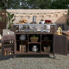 Îlot de cuisine extérieur, chariot de bar roulant et meuble de rangement, table de grillade en bois massif avec plateau en acier inoxydable, porte-épices, porte-serviettes