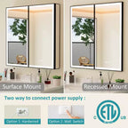 Bathroom Medicine Cabinet with LED Mirror, Surface or Recessed Mount, Dimmable Light, Anti-Fog, Adjustable Shelving