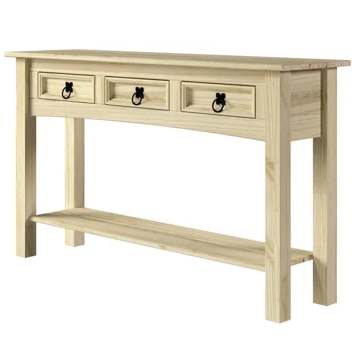 Rustic Solid Pine Console Hall Table, White Wash / Antique Brown / Gray Wash / Unpainted, 3 Drawers