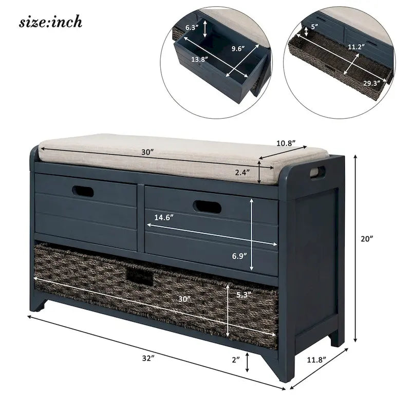 Wood Storage Bench with 2 Woven Baskets