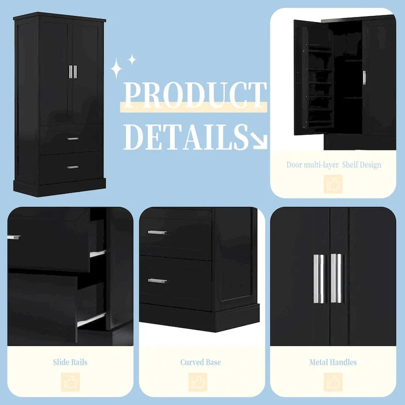 Tall Bathroom Storage Cabinet, Cabinet with Two Doors and Drawers, Adjustable Shelf, MDF Board