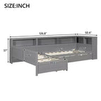 Twin Size L-shaped Platform Bed with Trundle & Charging Station, Wood Bed Frame with Bookshelf