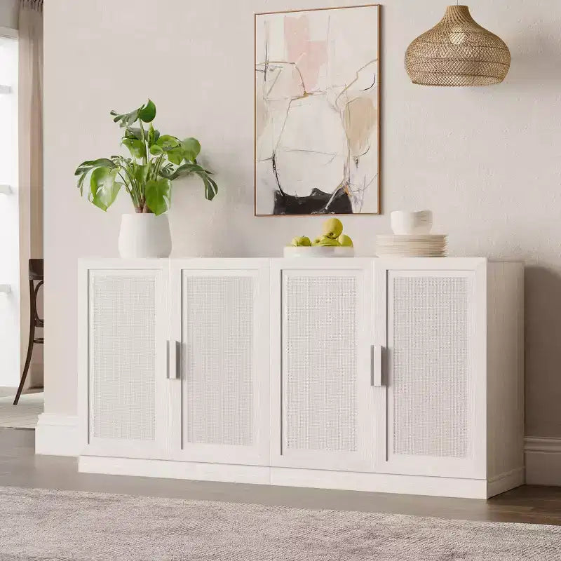 3-Set Rattan Door Sideboard Buffet Storage Cabinets with Adjustable Shelves - 93Lx31H