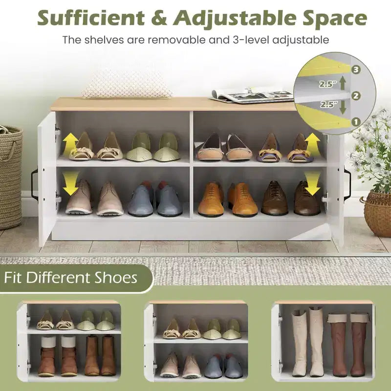 2-Door Shoe Bench wirh Adjustable Shelves Hidden Storage Space Natural + White/Whi5te