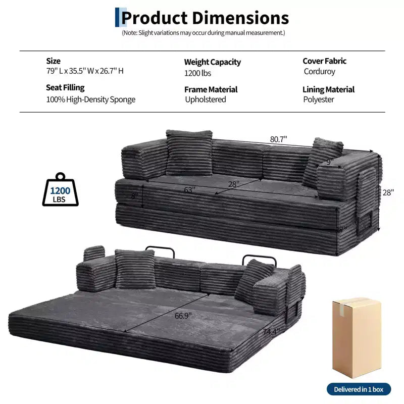 80.7 5-in-1 Convertible Sleeper Sofa Bed – Corduroy, 1200 lbs, No Assembly