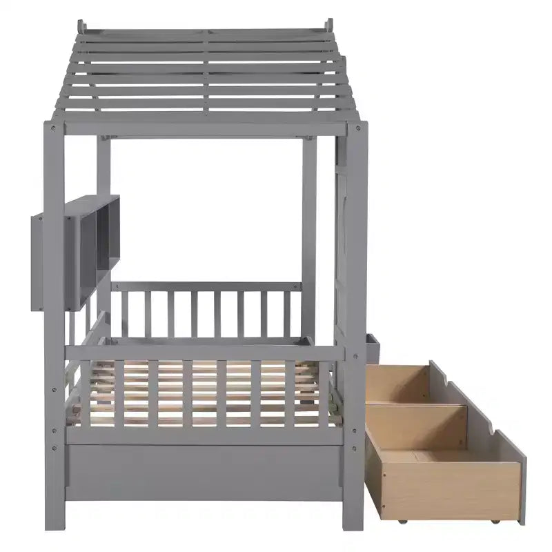 Twin/Full Size Wooden House Bed with 2 Drawers, Kids Bed with Storage Shelf - ModernLuxe
