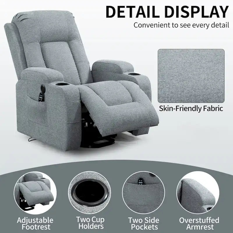 Power Lift Recliner Chair, Modern Single Motor Massage Sofa Chair with Lumbar Heating, USB Charging Port, Cup Holders