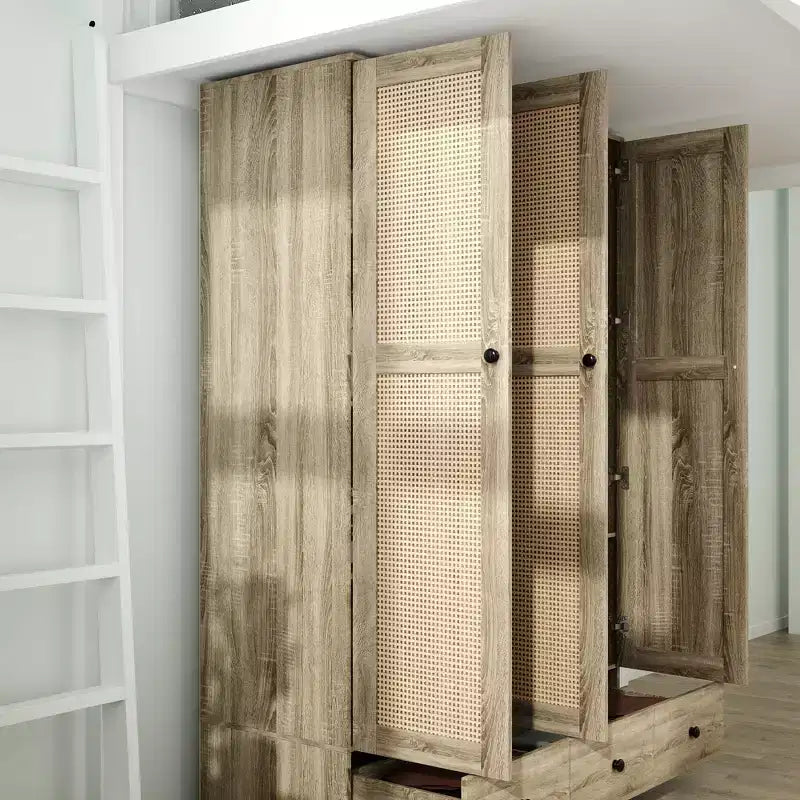 Famapy Rattan Wardrobe with 3 Drawers,3 Breathable Rattan Doors Closet,Farmhouse Style Tall Storage Armoire for Bedroom