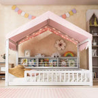 Whisen Full Size Wooden Floor Bed Frame, House-Shaped Daybed with Fense, 3 Storage Bookshelves, Curtain