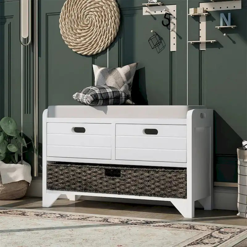 Wood Storage Bench with 2 Woven Baskets