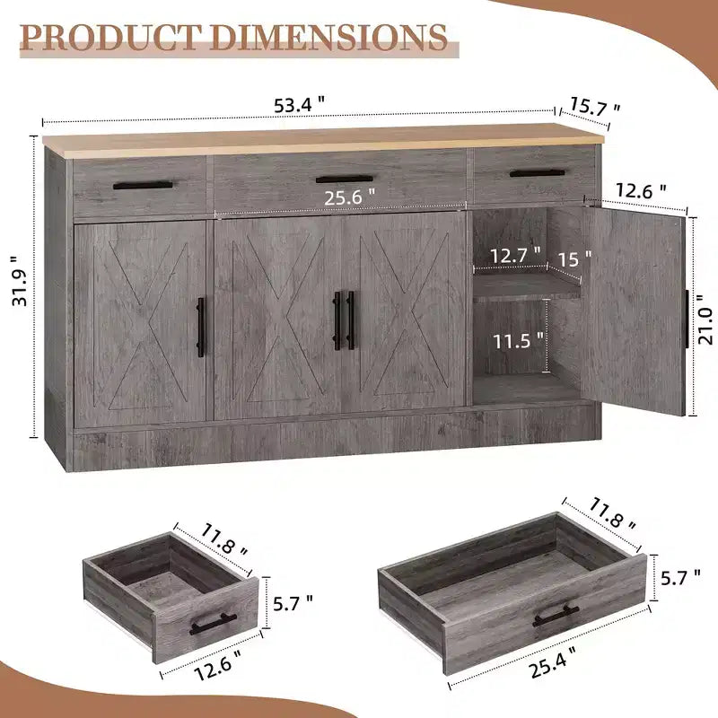 Celebalcony Buffet Cabinet with Storage,53.4 Large Kitchen Storage Cabinet with 3 Drawers & 4 Doors, Adjustable Shelf for Kitchen,Living Room