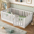 White Twin Montessori Floor Bed with Fence Rails & Door – Solid Wood, 1 Child