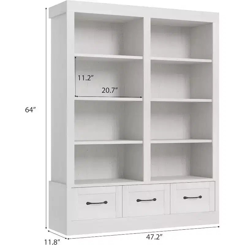 64 H Bookshelves and Bookcases, Bookshelf with 3 Storage Drawers4 Tier Double Wide Open Shelffor Office Living Room