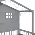 Twin Size House Bed with Storage Shelves and Rails, Wood Kids Montessori Bed Frame with Window and Sparkling Light Strip