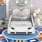 Whisen Wood Twin Size Race Car-Shaped Platform Bed with LED and Upholstered Backrest