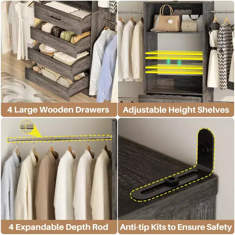 Besiost 4-9 Ft Wooden Closet Organizer System with 4 Drawers, 4 Hanging Rods & Shelving Towers