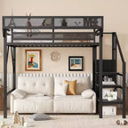 Okak 94IN Twin Size Loft Bed with Wardrobe, Twin Bed with Storage Shelves and Basket, Bed Frames for Bedroom, Dormitory