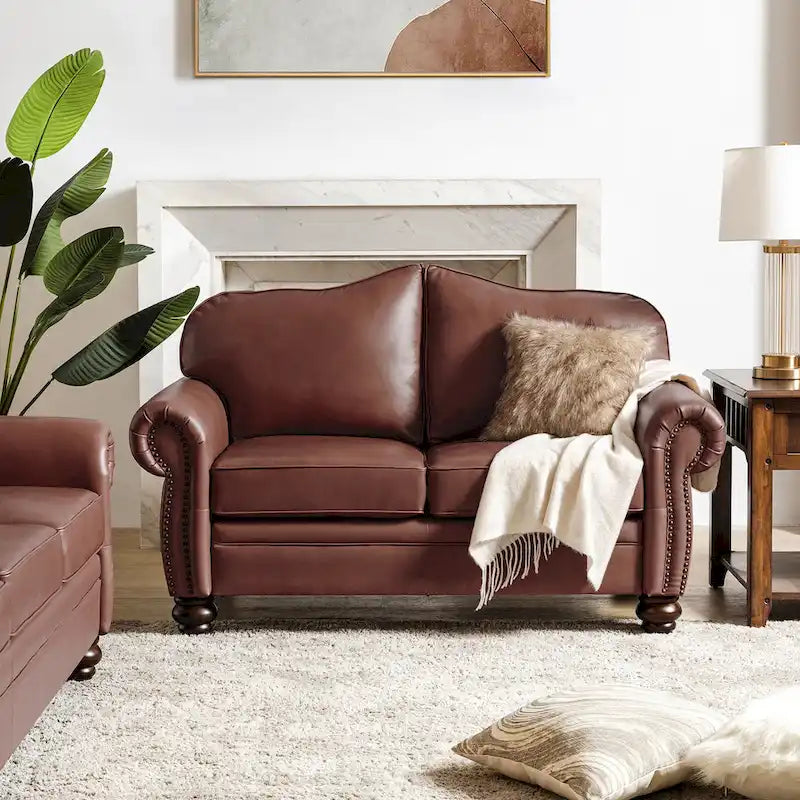 Transitional Genuine Leather Sofa With Tufted Back