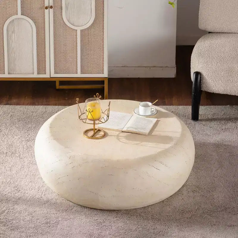 Round MgO Coffee Table with Faux Stone Design for Mid-Century Living Rooms