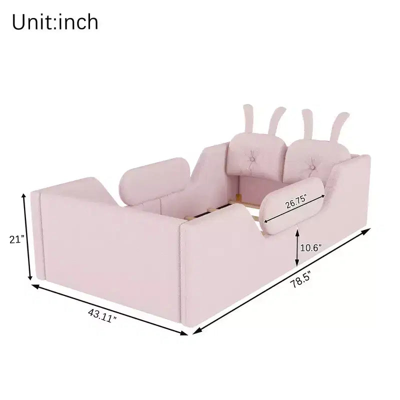 Whisen Twin - Letto a piattaforma, Letto imbottito da pavimento per bambini con cuscino a coniglio, Sponde laterali rimovibili