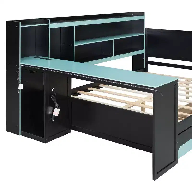 Gamer Hub Daybed with Desk, RGB Lights, Charging Station, Storage Drawers & Bookcase Headboard