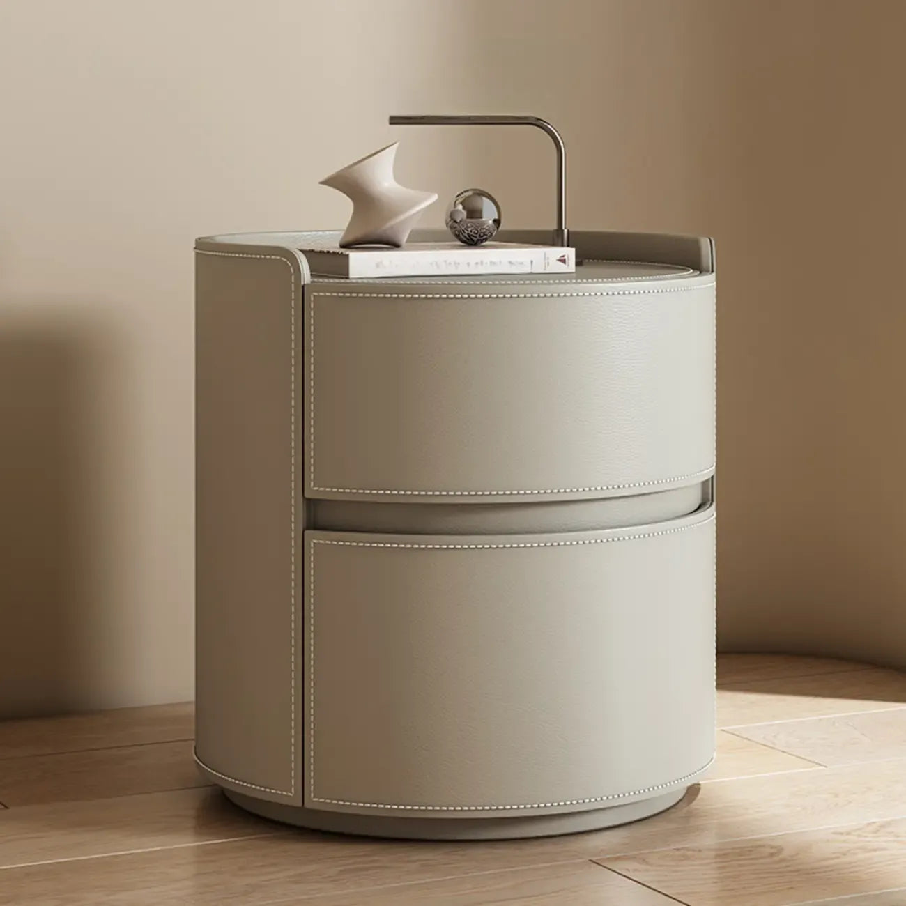 Modern Leather Tray Round 2-Drawer Nightstand