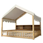 Whisen Full Size Wooden Floor Bed Frame, House-Shaped Daybed with Fense, 3 Storage Bookshelves, Curtain
