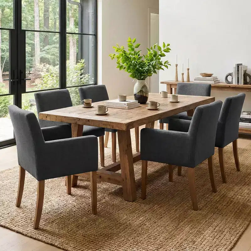 Set of 6 Upholstered Dining Chairs with Arms, Modern Linen Armchairs with Wooden Legs, Accent Chairs for Dining Room, Living Room - Panipeachy