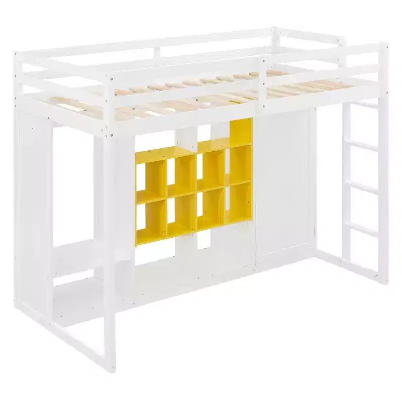 Kids Loft Bed with Wardrobe and Shelves, Wooden Loft Bed Frame with Storage Cabinet for Kids Teens