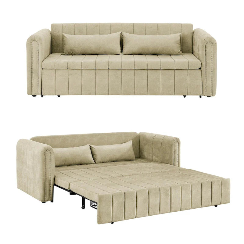 Velvet Upholstered Modern Convertible Sleeper Lounge Sofa Bed with Rolled Arms Decorated with Copper Nails