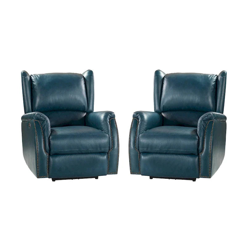 Genuine Leather Power Recliner with USB Port – Wingback Nailhead Set of 2