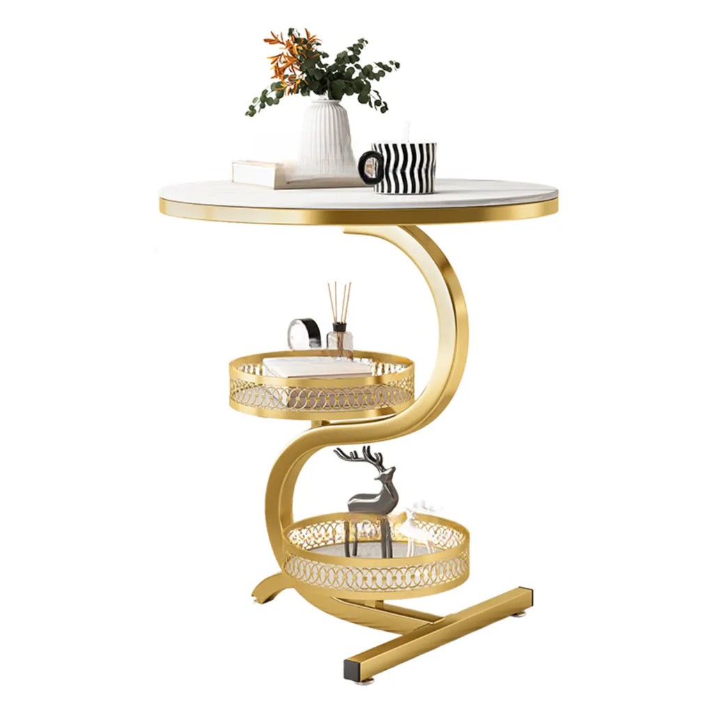 White Stone 3-Tier S-Shaped Sofa Side Table with Storage