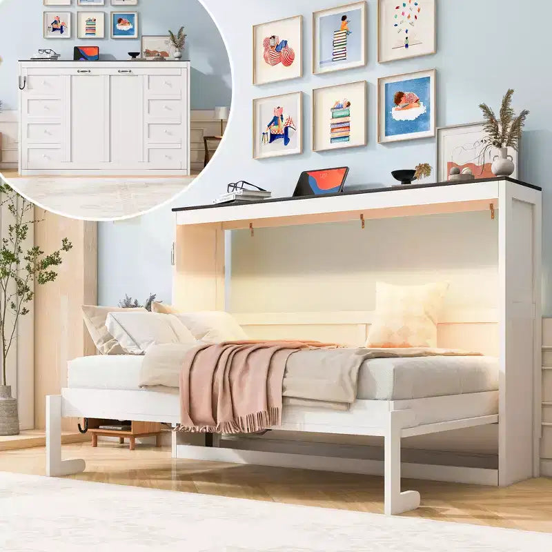 Twin Size Murphy Bed with LED Light, can be Folded into a Cabinet, Hidden Wall Bed Cabinet for Guest Room