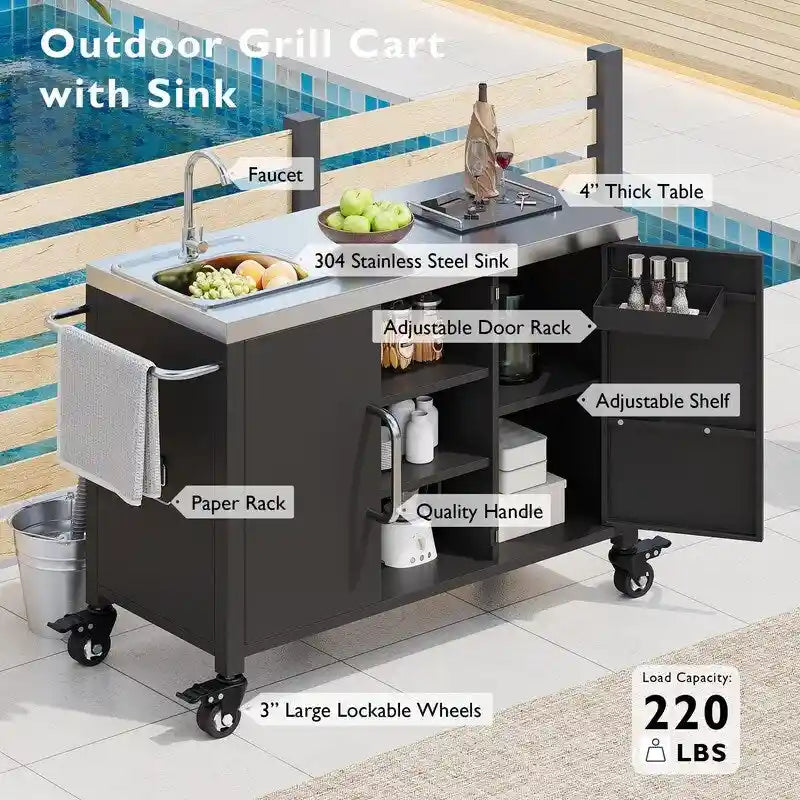 Outdoor Kitchen Island with Sink, Outdoor Bar Cart Sink Station with 4 Lockable Wheels