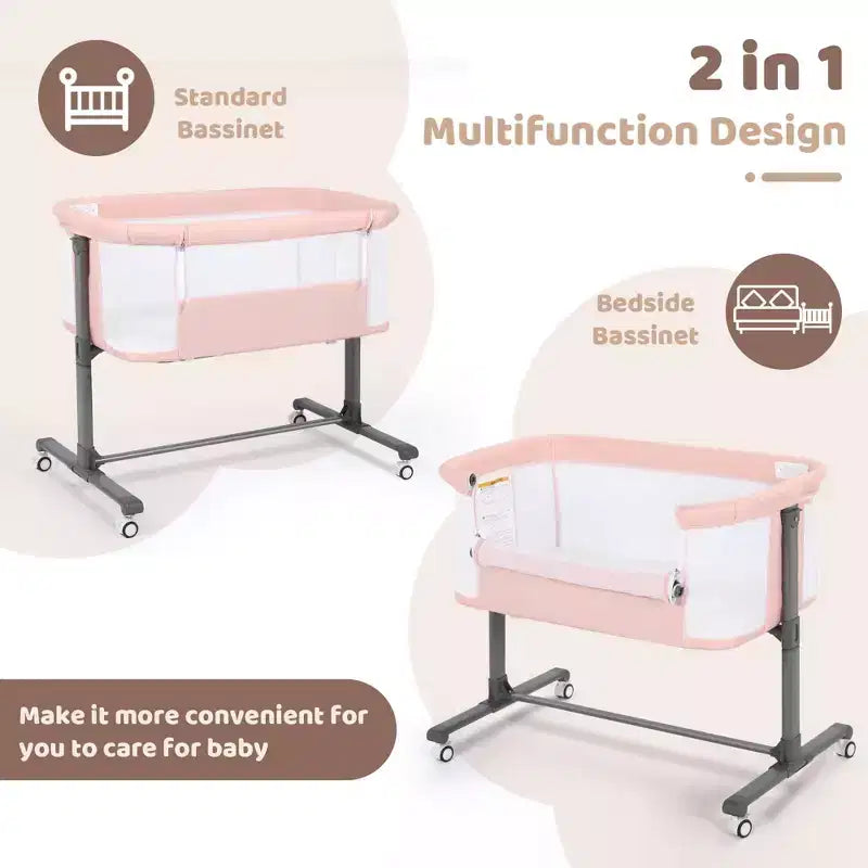 Baby Bassinet with Wheels – Beige / Gray / Pink, Bedside Sleeper, for 1 Baby