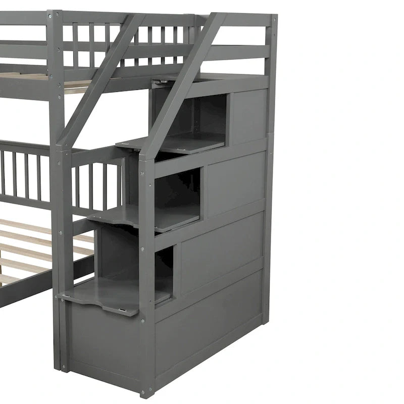 Twin Over Full Wood Loft Bed with Staircase,High Guardrails and Ladder