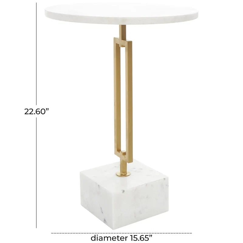 Marble Geometric Side End Accent Table with Gold Metal Rectangular Stand - White