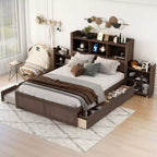 Full Storage Platform Bed with Trundle, Bookcase Headboard and Charging Station, Wooden Full Size Bed Frame with Shelves and Drawers